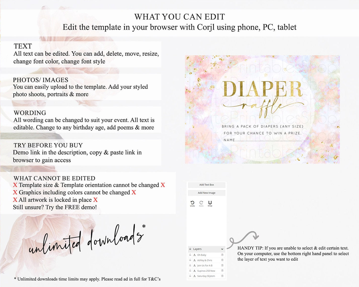 Pastel Diaper Raffle Card Pastel Rainbow Diaper Raffle Insert Colorful Ombre Watercolor Diaper Ticket Confetti Glitter Raffle Game D10649