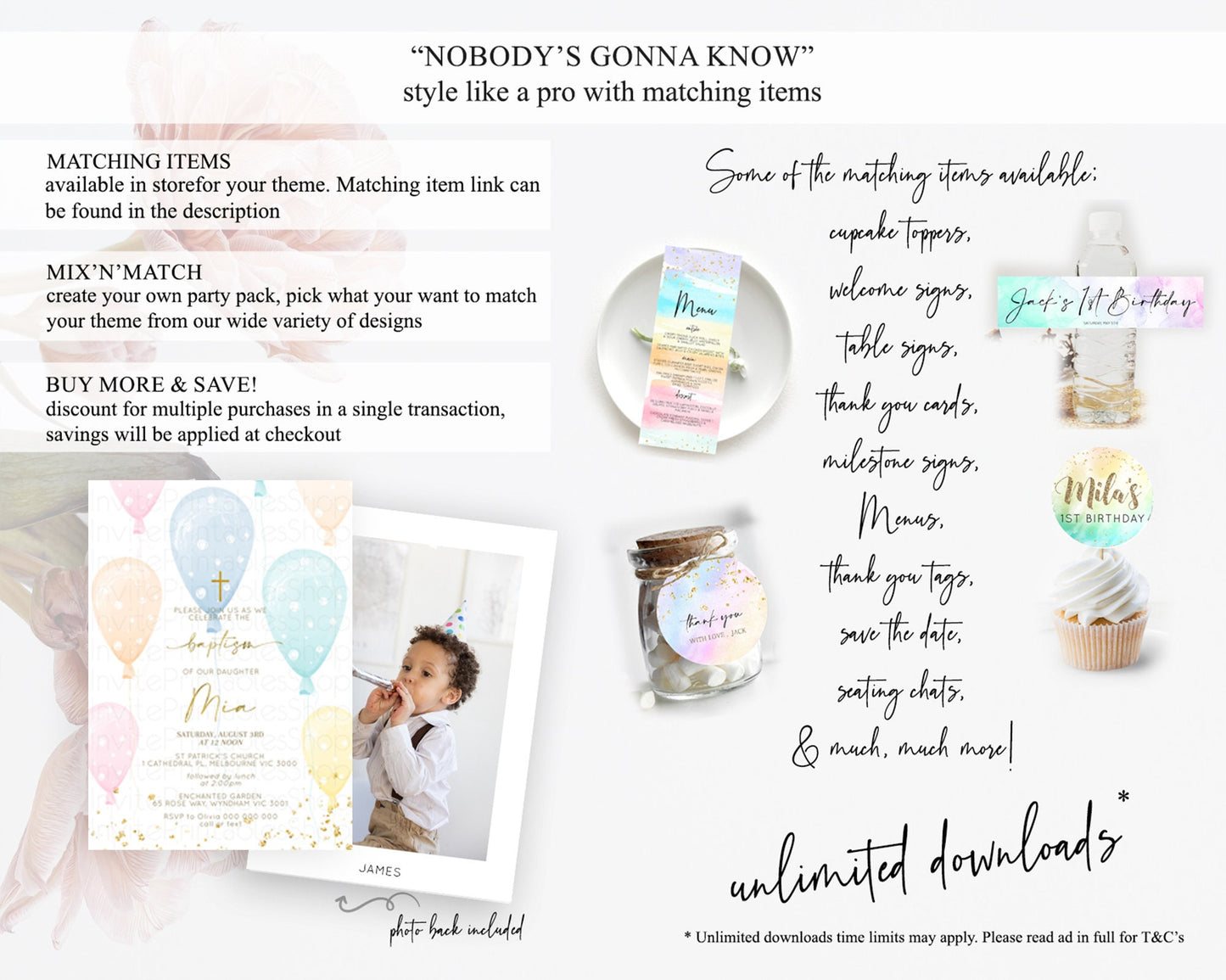 Balloon Baptism Invitation Pastel Baptism 1st Birthday Invitation Pastel Balloon Christening Invite Colorful Rainbow Balloon Invites D10182