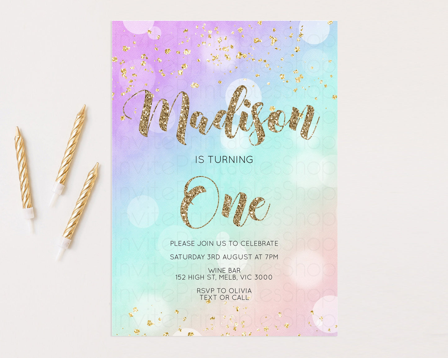 Rainbow Birthday Invitation Pastel Birthday Invite Ombre Watercolor Invite Enchanted Theme Colorful Splash Glitter Sprinkles 1st 2nd 3rd