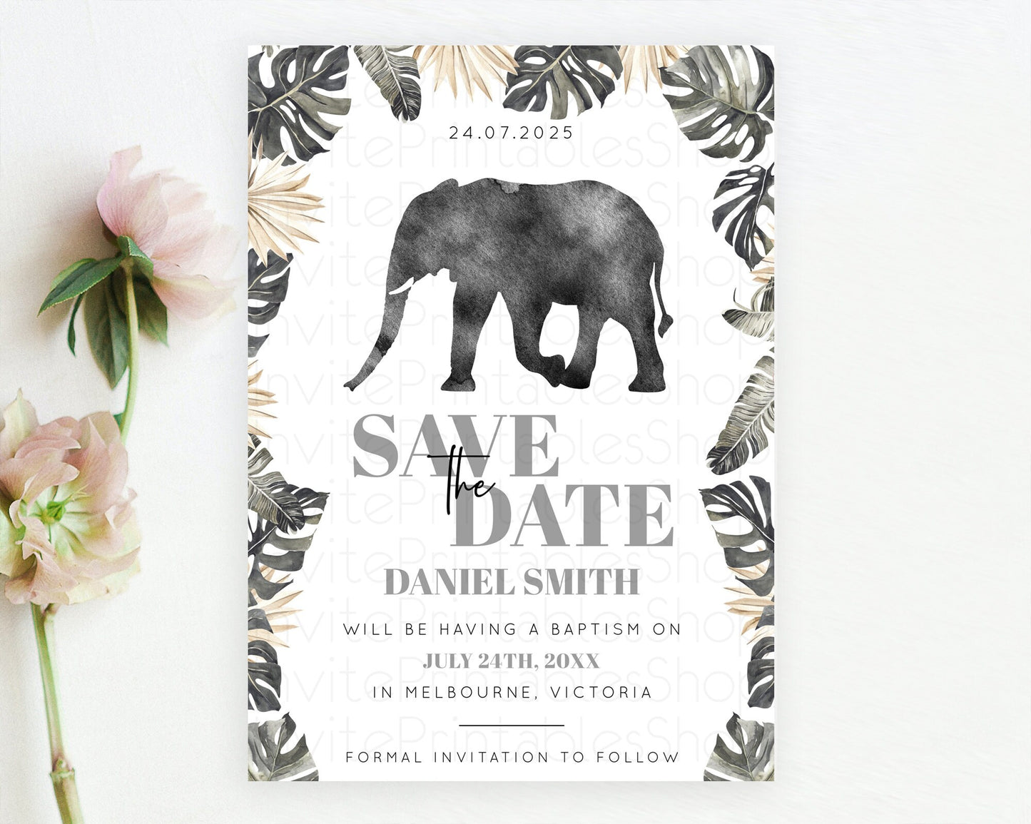 Elephant Save The Date Template Elephant Safari Adventure Party Dried Palm Fern Zoo 1st Birthday Baptism Baby Shower Bridal Shower D10803