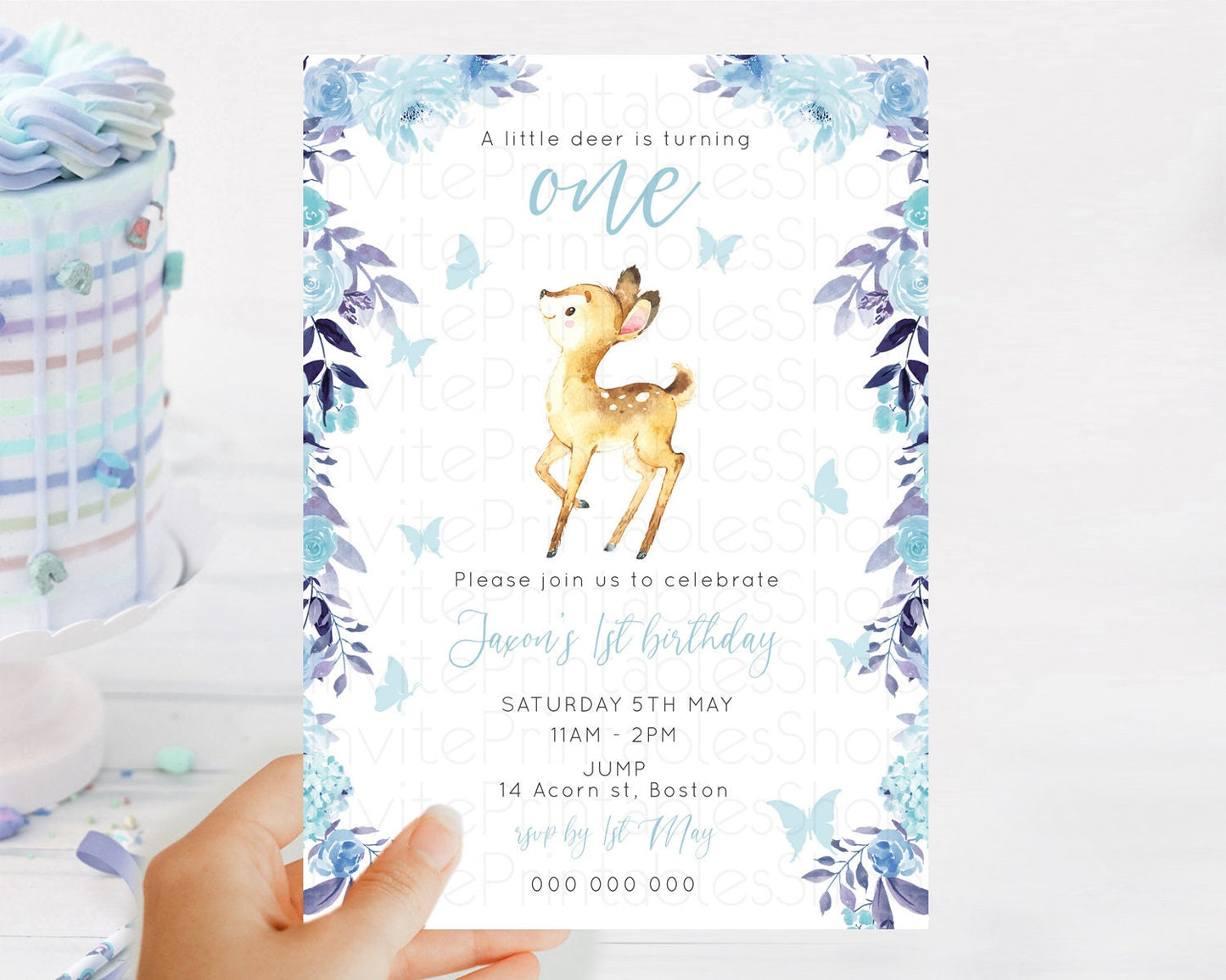 Fawn Birthday Invitation Deer Birthday Invitation Enchanted Forest Party Butterfly Pastel Flowers Whimsical 2nd 1st First Birthday D10917