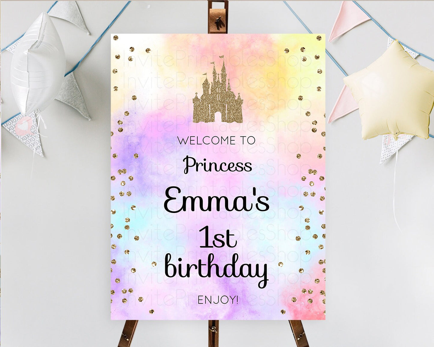 Princess Birthday Welcome Sign Pastel Princess Welcome Board Pastel Rainbow Colorful Enchanted Castle First Birthday Welcome Sign D10148