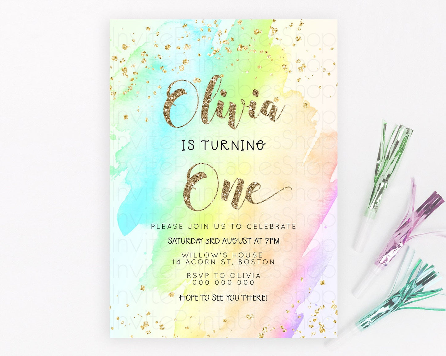 Rainbow Birthday Invitation Colorful Pastel Watercolor Invitation Gold Glitter Sprinkles Ombre Pastel 1st 2nd 3rd Birthday D23282