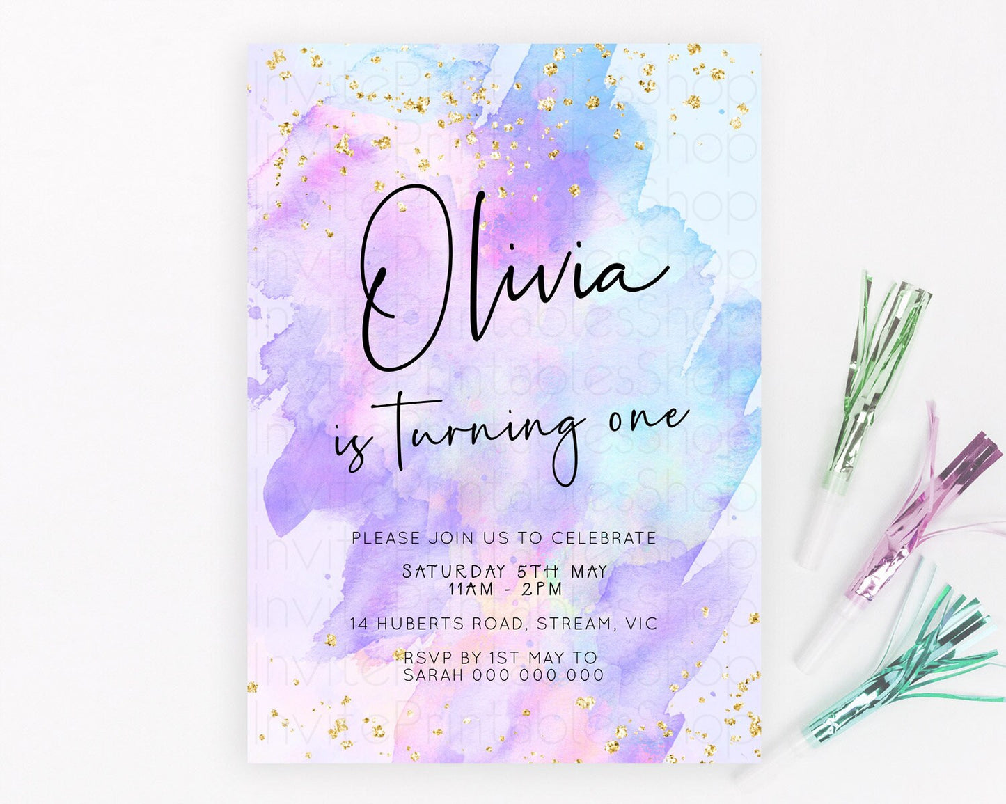 Pastel Birthday Invitation Ombre Watercolor Birthday Invitation Glitter Rainbow Color Splash 1st 2nd 3rd Birthday Invitation D23065