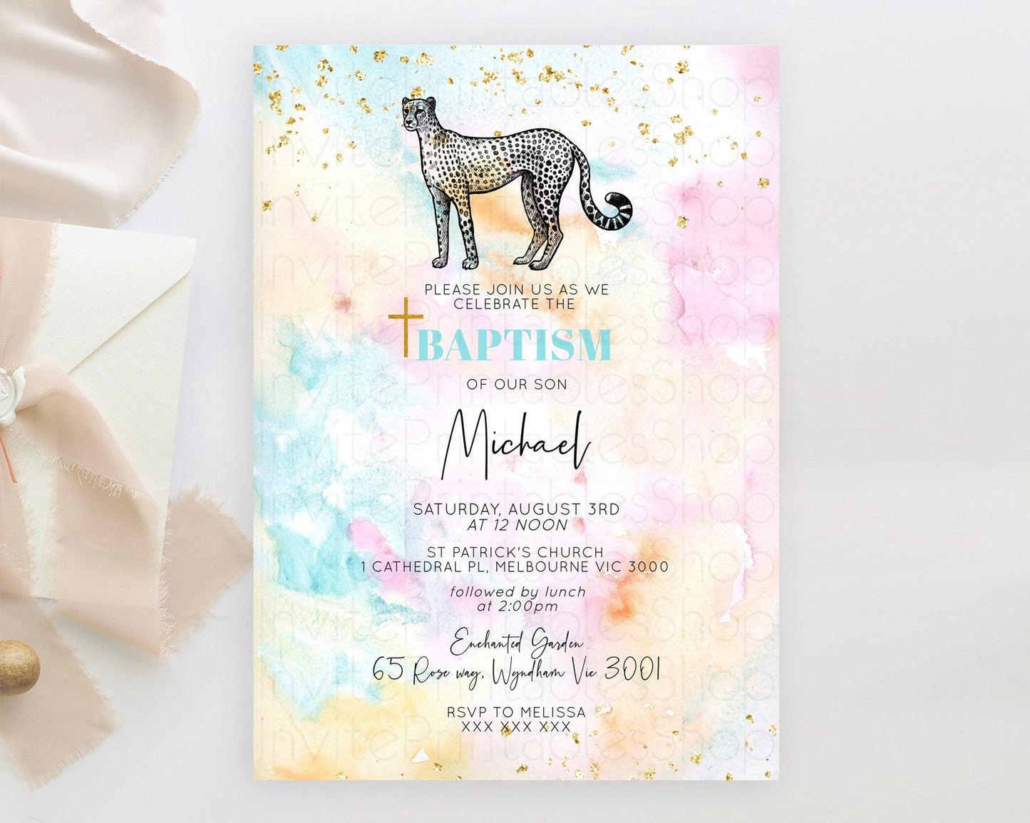 Cheetah Baptism Invitation Cheetah Baptism 1st Birthday Invitation Cheetah Pastel Watercolor Christening Invitation Rainbow Cheetah D10289