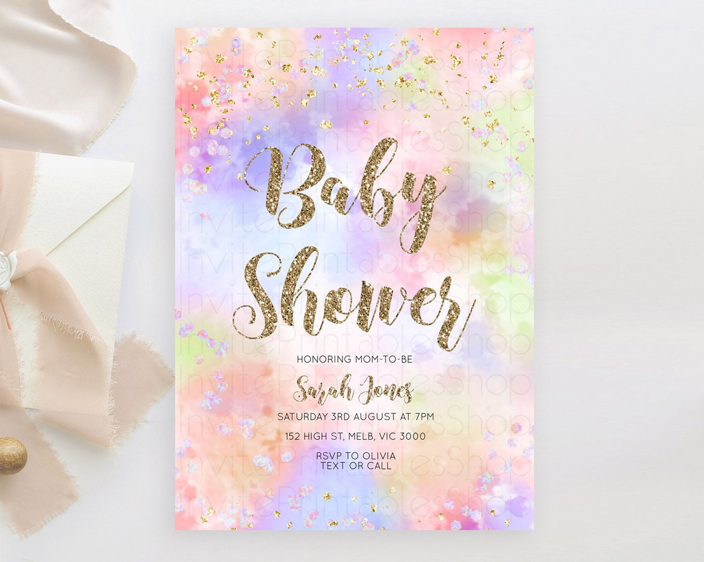 Pastel Baby Shower Invitation Rainbow Baby Shower Invitation Colorful Pastel Watercolor Invitation Gold Glitter Sprinkles Ombre D11019