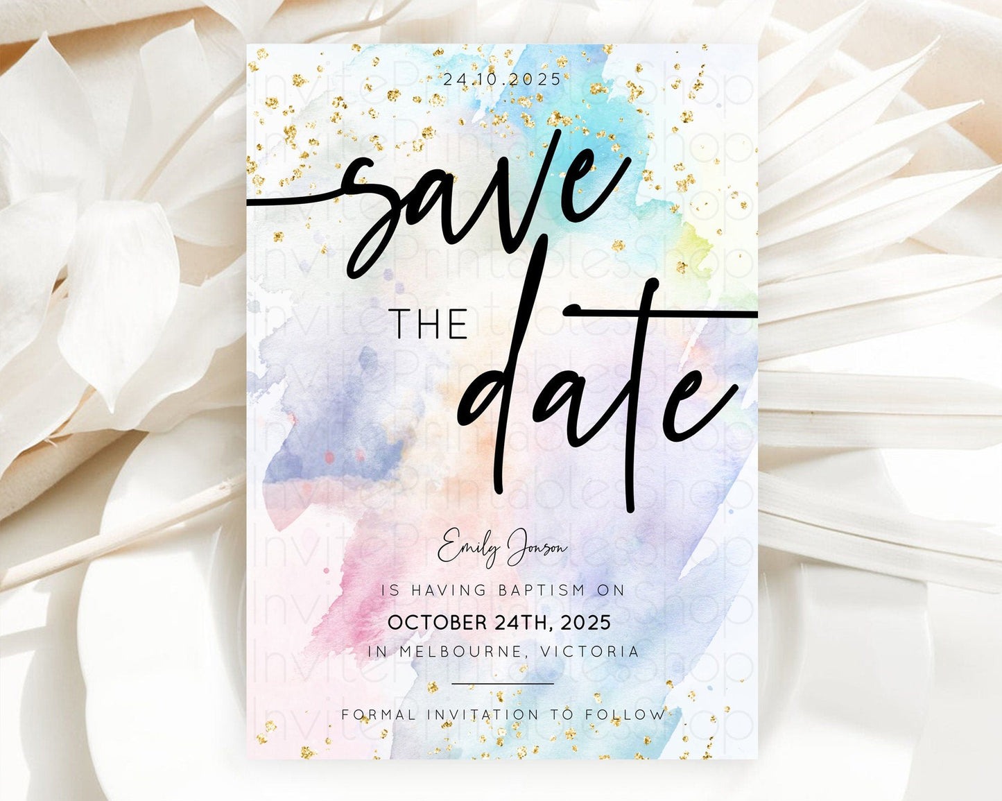Pastel Save The Date Template Pastel Ombre Rainbow Watercolor Colorful Party For Birthday Baptism Baby Shower Wedding Bridal Shower D10424