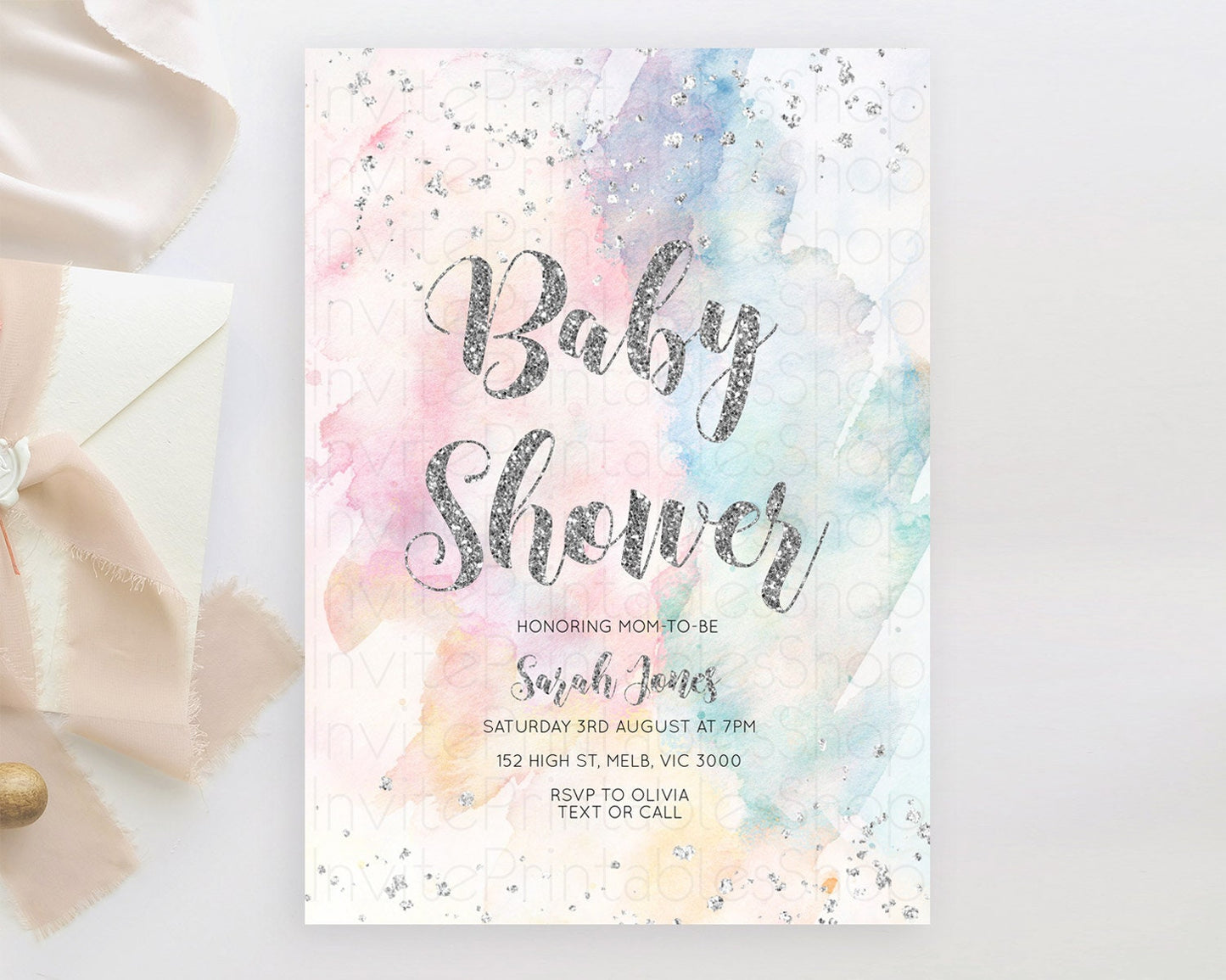 Pastel Baby Shower Invitation Pastel Rainbow Baby Invitation Pastel Watercolor Invitation Colorful Ombre Silver Glitter Sprinkle D10944