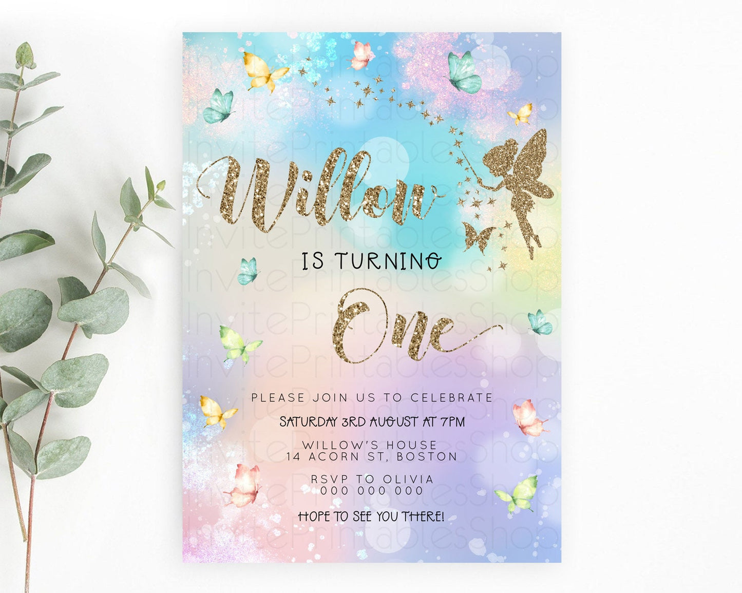 Pastel Fairy Birthday Invitation Pastel Butterflies Fairy Birthday Invitation Rainbow Ombre Watercolor 1st 2nd Birthday Invitation D23165