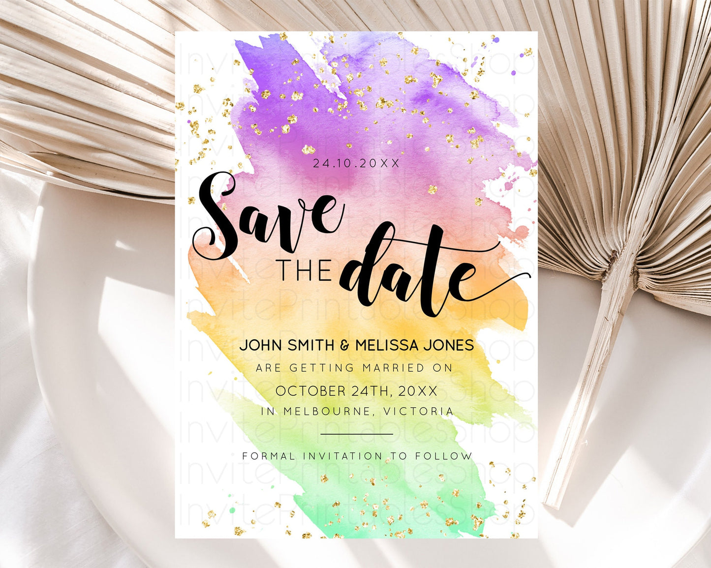 Pastel Save The Date Template Pastel Ombre Rainbow Watercolor Colorful Party For Birthday Baptism Baby Shower Wedding Bridal Shower D10517