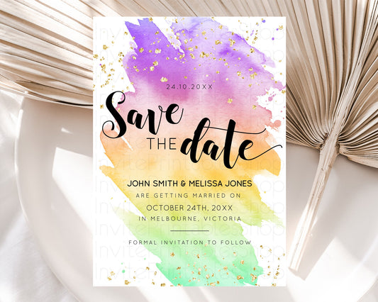 Pastel Save The Date Template Pastel Ombre Rainbow Watercolor Colorful Party For Birthday Baptism Baby Shower Wedding Bridal Shower D10517