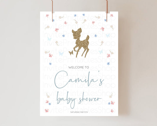 Fawn Baby Shower Welcome Sign Deer Welcome Board Floral Deer Welcome Poster Enchanted Forest Butterfly Pastel Floral Welcome Sign D10359