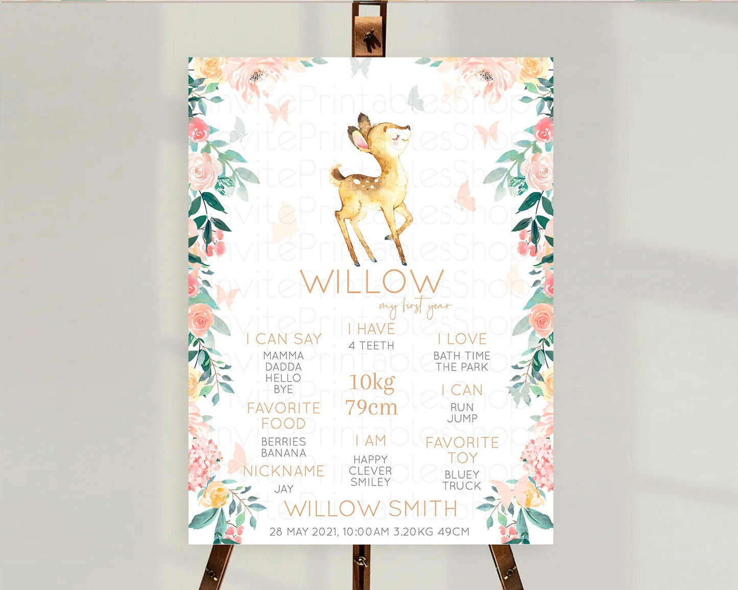 Fawn First Birthday Milestone Board Deer First Birthday Milestone Poster Enchanted Forest Butterfly Pastel Flowers 1st Birthday Sign D10753