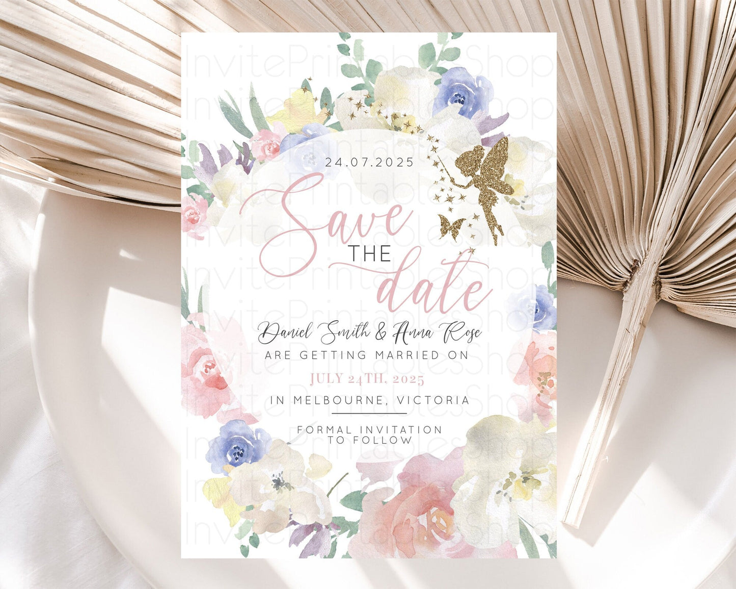 Fairy Save The Date Template Enchanted Garden Pastel Floral Butterfly Party Secret Garden Birthday Baptism Baby Shower Bridal Shower D10852