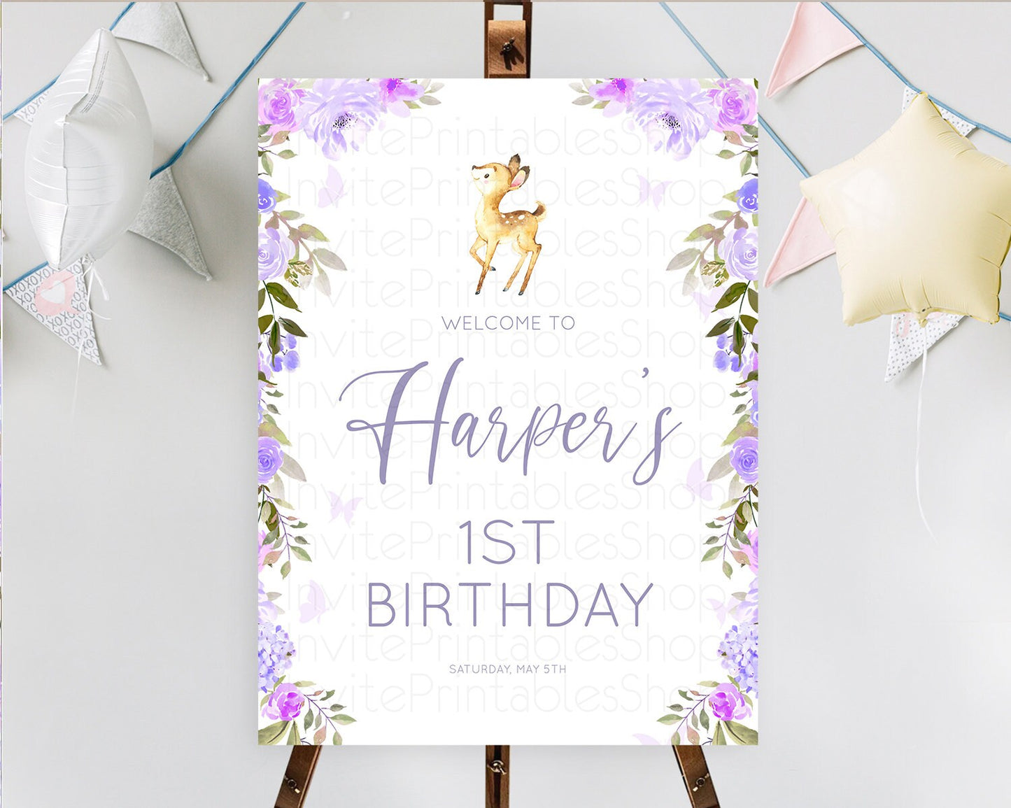 Fawn Welcome Sign Deer Welcome Board Floral Deer Welcome Poster Enchanted Forest Butterfly Pastel Floral First Birthday Welcome Sign D10916