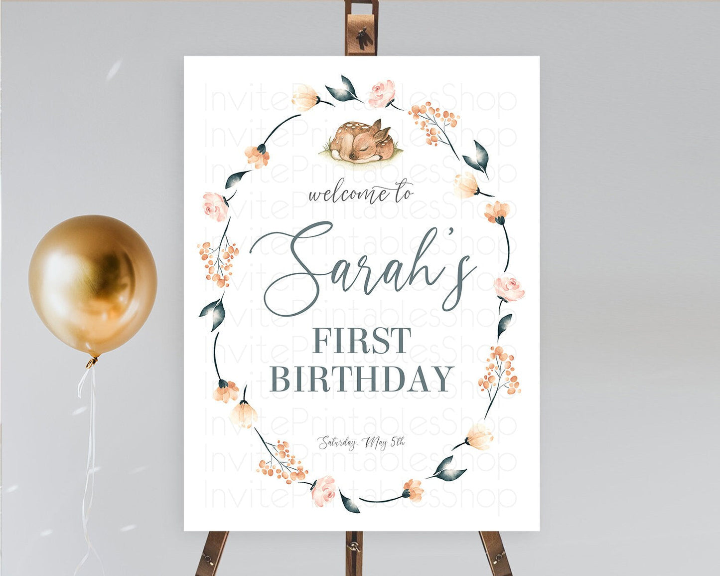 Fawn Welcome Sign Deer Welcome Board Floral Deer Welcome Poster Enchanted Forest Butterfly Pastel Floral First Birthday Welcome Sign D10790