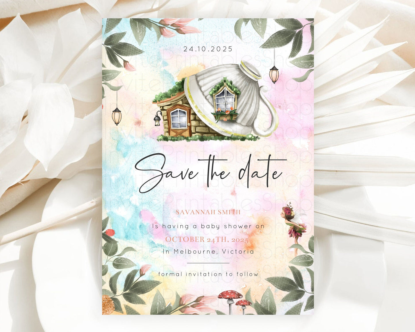 Fairy Save The Date Template Enchanted Garden Pastel Floral Butterfly Party Secret Garden Birthday Baptism Baby Shower Bridal Shower D10555