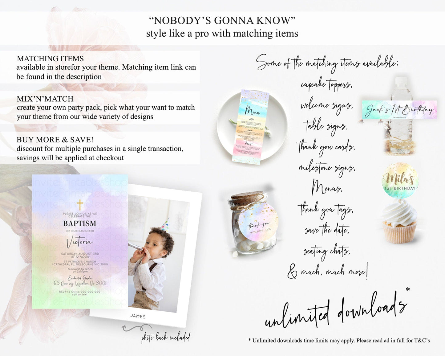 Pastel Baptism Invitation Pastel Colors Watercolor Baptism 1st Birthday Party Gold Ombre Pastel Rainbow Christening Holy Communion D10371