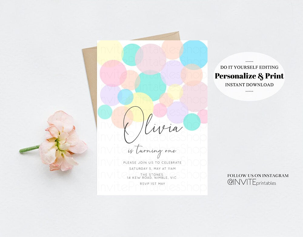 Editable Colorful Birthday Invitation Pastel Rainbow Confetti Sprinkles Bubb
