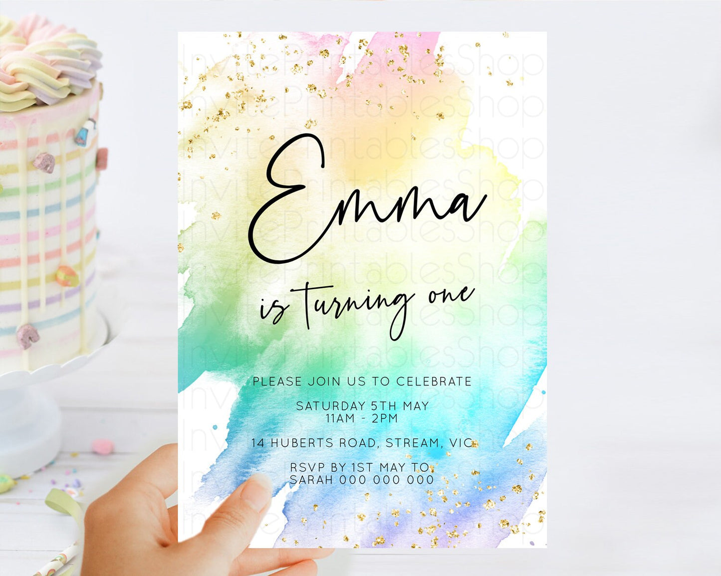 Rainbow Birthday Invitation Colorful Pastel Watercolor Invitation Gold Glitter Sprinkles Ombre Pastel 1st 2nd 3rd Birthday D10256