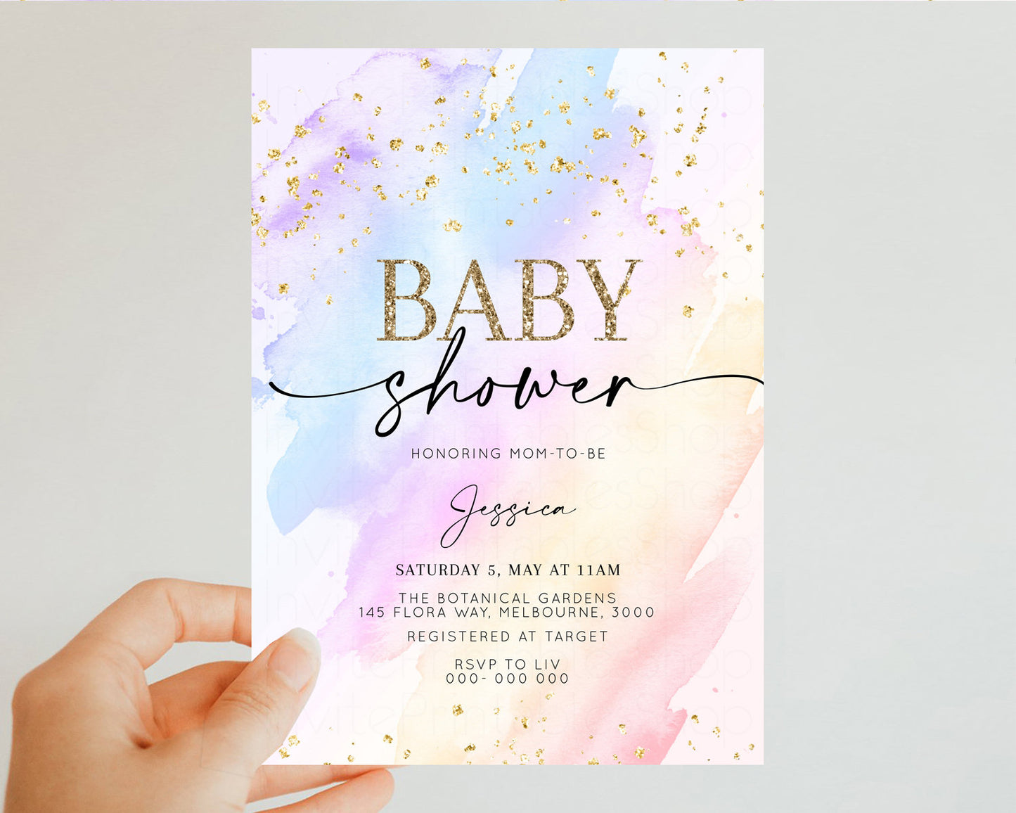 Rainbow Baby Shower Invitation Pastel Baby Shower Invitation Watercolor Ombre Invitation Rainbow Pastel Colors Invite Glitter Confetti t600