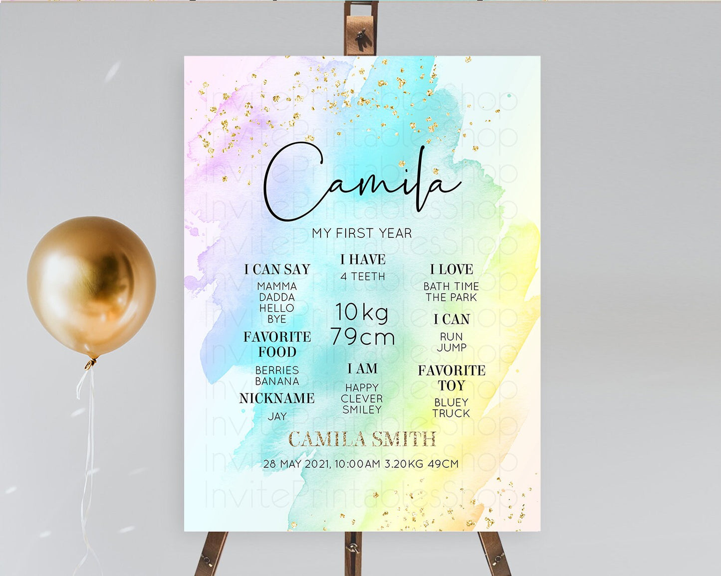 Pastel First Birthday Milestone Board Pastel Rainbow Milestone Poster Colorful Confetti Watercolor Glitter 1st Birthday Welcome Sign D10171
