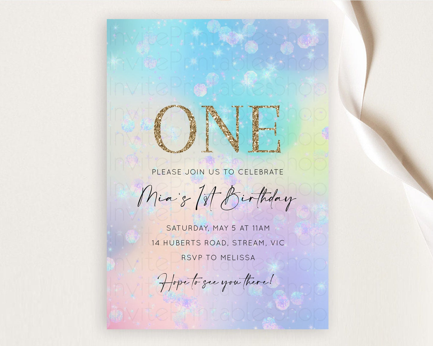 Rainbow Birthday Invitation Colorful Pastel Watercolor Invitation Gold Glitter Sprinkles Ombre Pastel 1st 2nd 3rd Birthday D10665