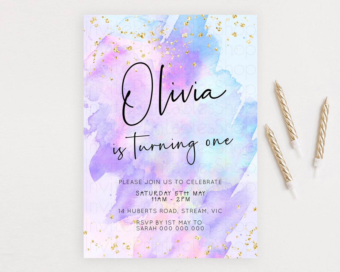 Pastel Birthday Invitation Ombre Watercolor Birthday Invitation Glitter Rainbow Color Splash 1st 2nd 3rd Birthday Invitation D23065