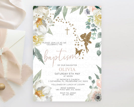 Fairy Baptism Invitation Fairy Baptism 1st Birthday Invitation Enchanted Secret Garden Christening Invite Pastel Floral Butterfly D10800