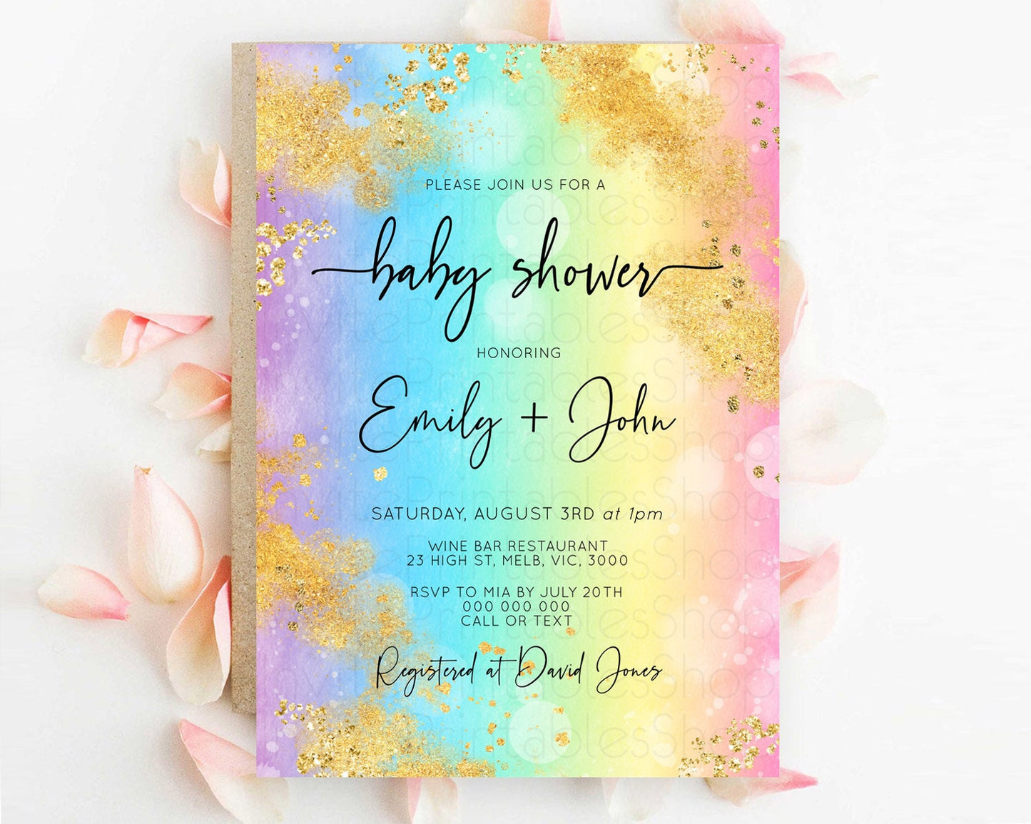 Pastel Baby Shower Invitation Rainbow Baby Shower Invitation Colorful Pastel Watercolor Invitation Gold Glitter Sprinkles Ombre D10559