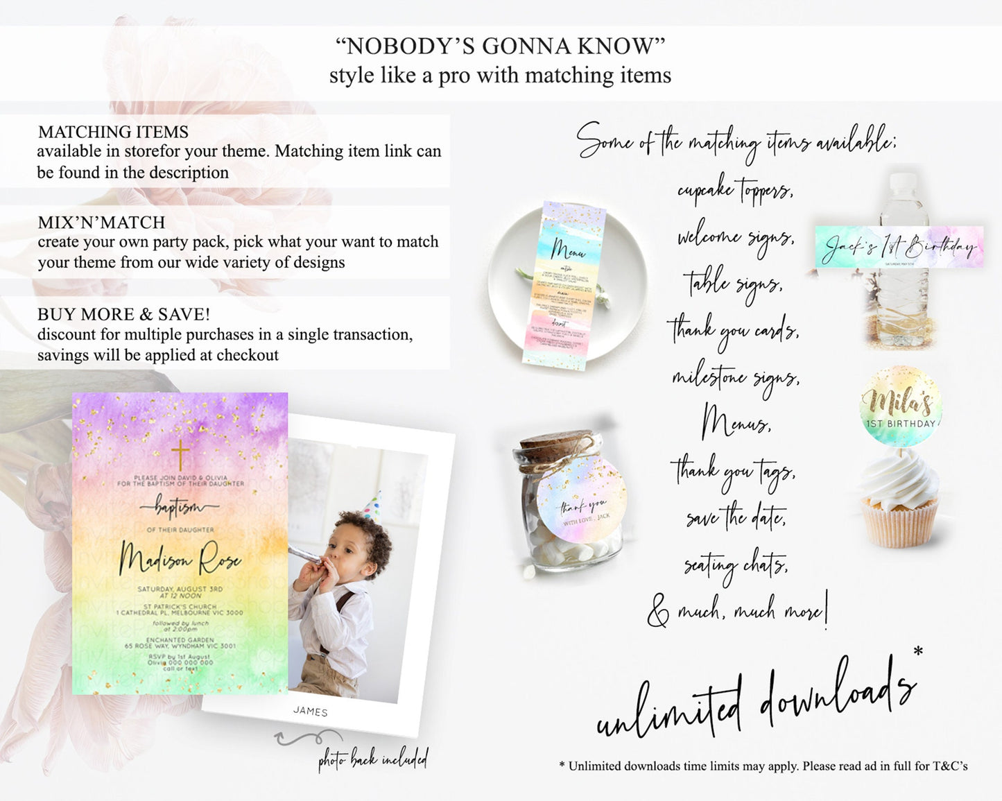 Pastel Baptism Invitation Pastel Colors Watercolor Baptism 1st Birthday Party Gold Ombre Pastel Rainbow Christening Holy Communion D10514