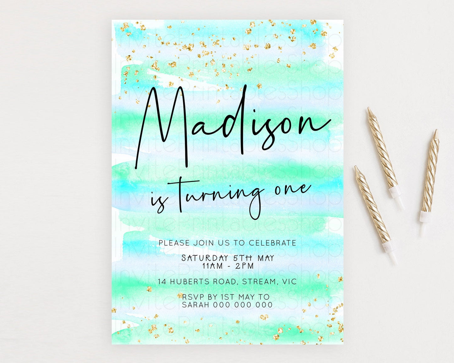 Blue Birthday Invitation Blue Watercolor Invitation Pastel Blue Watercolor Invitation Blue Splash Gold Invitation 1st First Birthday D23036