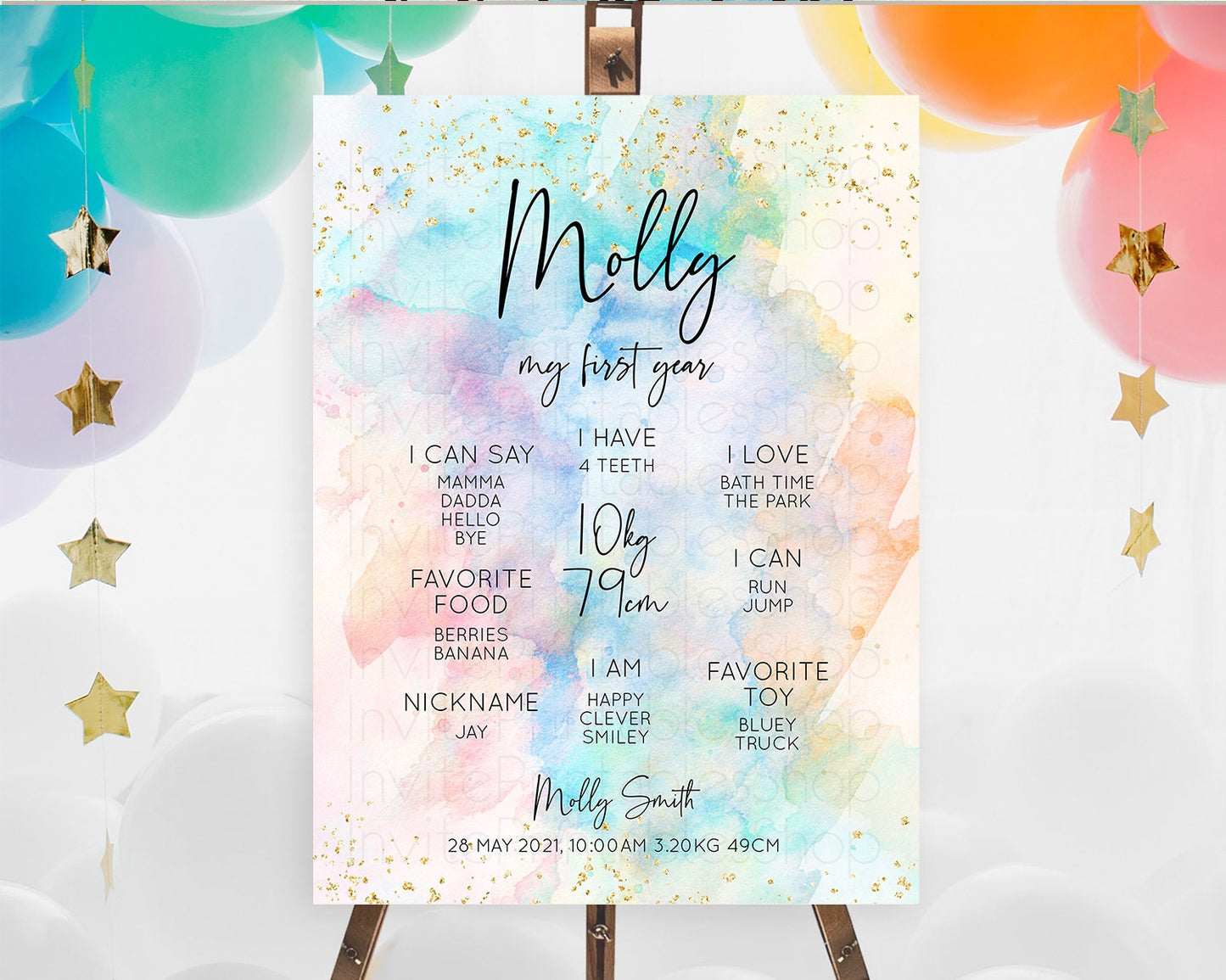 Pastel First Birthday Milestone Board Pastel Rainbow Milestone Poster Colorful Confetti Watercolor Glitter 1st Birthday Welcome Sign D10260