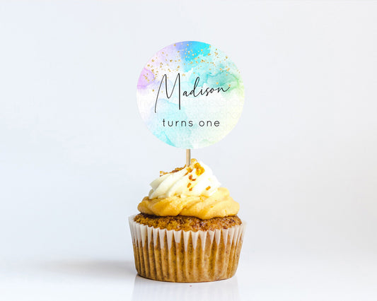Editable Rainbow Cupcake Toppers Pastel Cupcake Toppers Colorful Pastel Wate