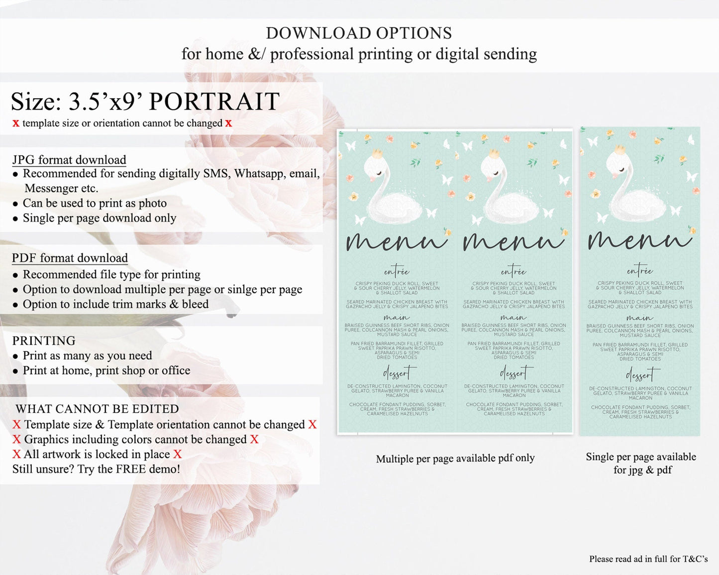 Swan Menu Swan Princess Ballet Menu Template Enchanted Swan Lake Table Decor Secret Garden Pastel Floral Dinner Dessert Food Menu D10905