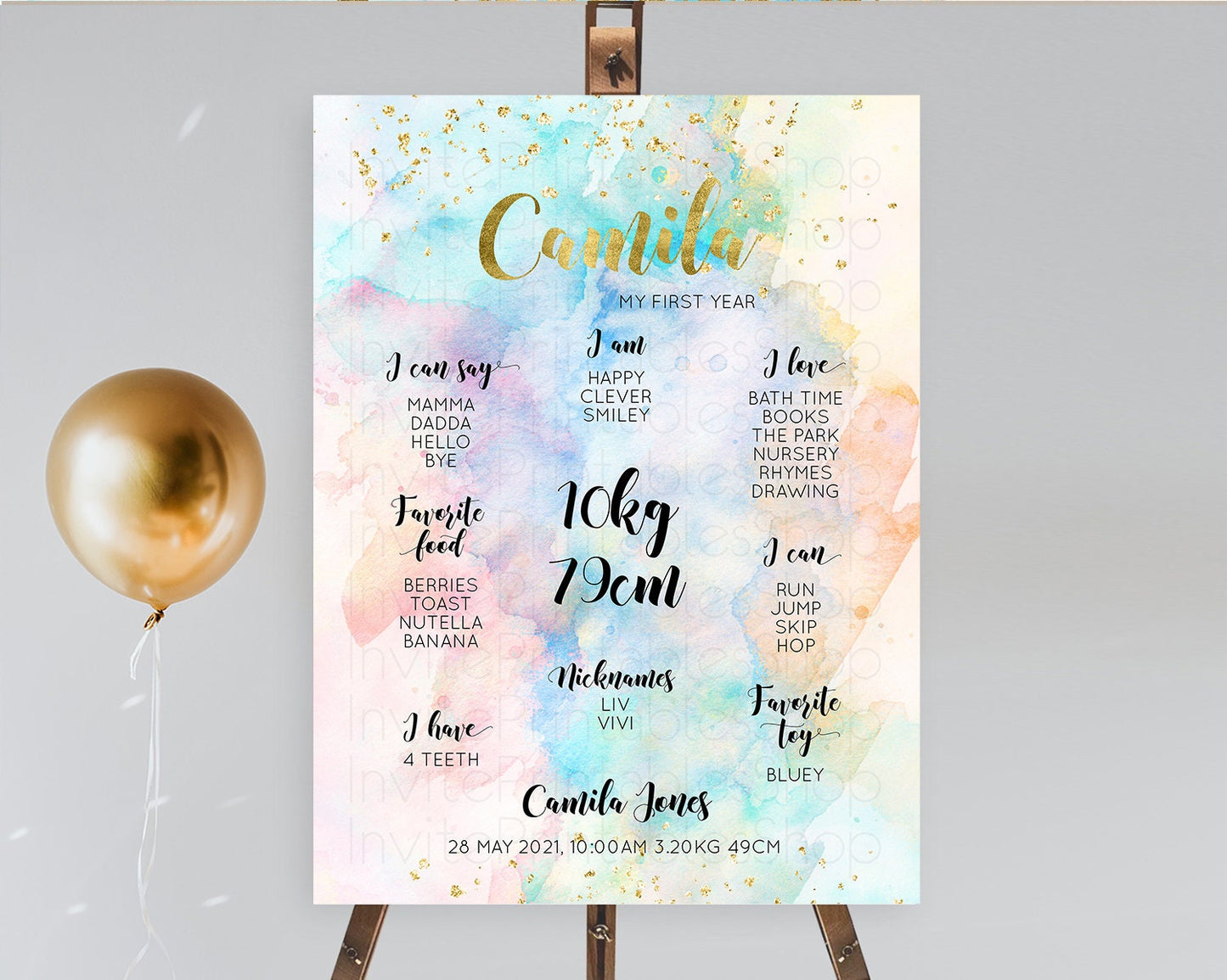 Pastel First Birthday Milestone Board Pastel Rainbow Milestone Poster Colorful Confetti Watercolor Glitter 1st Birthday Welcome Sign D10272