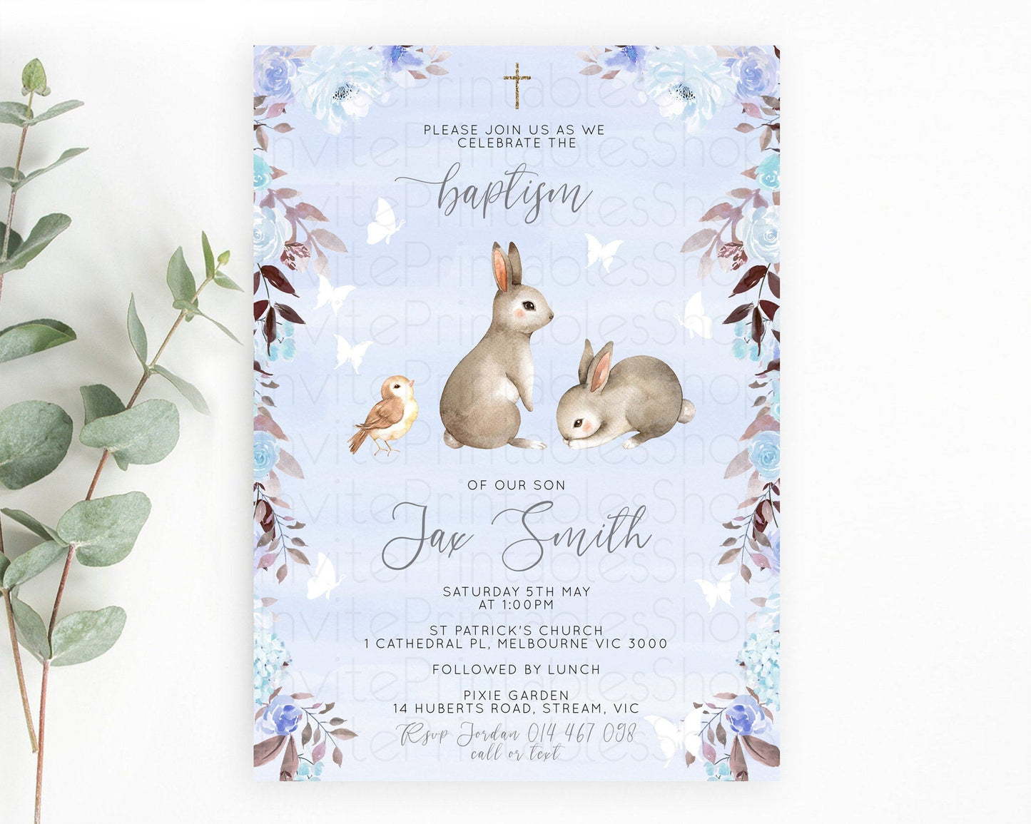 Bunny Baptism Invitation Floral Bunny Baptism 1st Birthday Invitation Pastel Bunny Christening Invite Watercolor Forest Bunny Party D10923