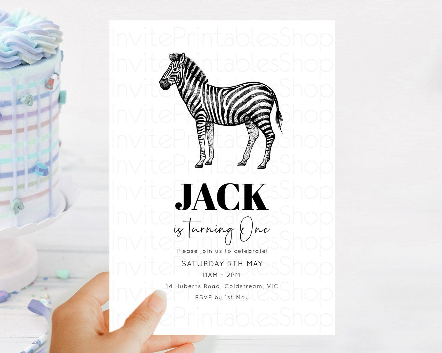 Zebra Birthday Invitation Zebra Invite Jungle Safari invite Watercolor Tropical Palm Invite Adventure Zoo Party Wild Animal Party D10249