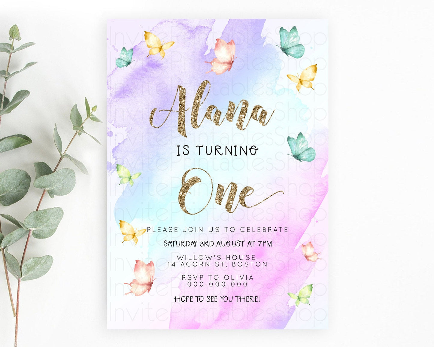 Pastel Butterfly Birthday Invitation Butterfly Birthday Invitation Colorful Splash Glitter Butterfly Garden 1st 2nd Birthday D23236