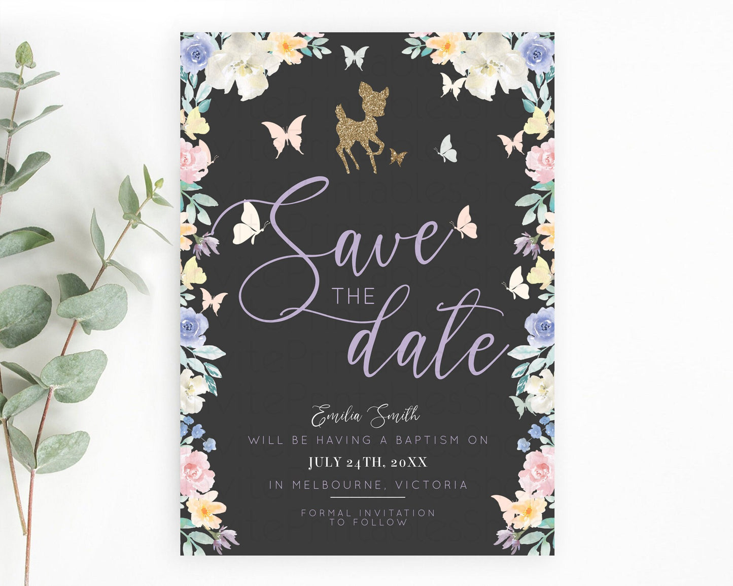 Fawn Deer Save The Date Template Pastel Floral Deer Enchanted Forest Butterfly Party 1st Birthday Baptism Baby Shower Bridal Shower D10323