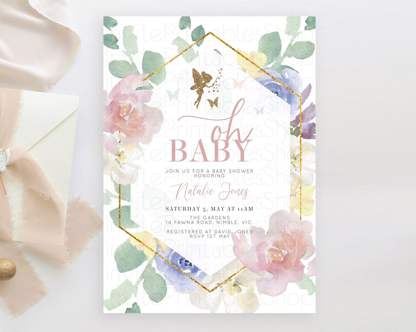 Fairy Baby Shower Invitation Pastel Fairy Invites Fairy Tea Party Fairy Garden Theme Secret Garden Enchanted Garden Floral Butterfly D10294