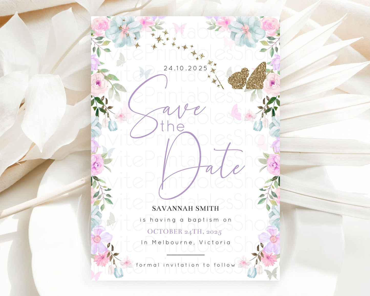 Fairy Save The Date Template Enchanted Garden Pastel Floral Butterfly Party Secret Garden Birthday Baptism Baby Shower Bridal Shower D10475