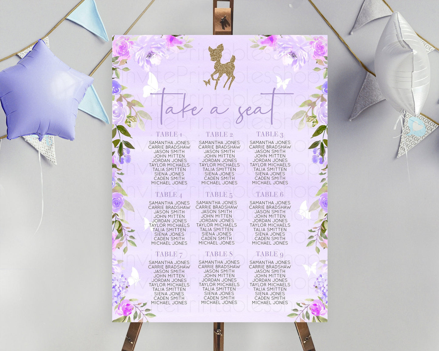 Fawn Seating Chart Deer Seating Chart Enchanted Forest Party Butterfly Pastel Flowers Whimsical Seating Chart Woodland Seating Sign D10963