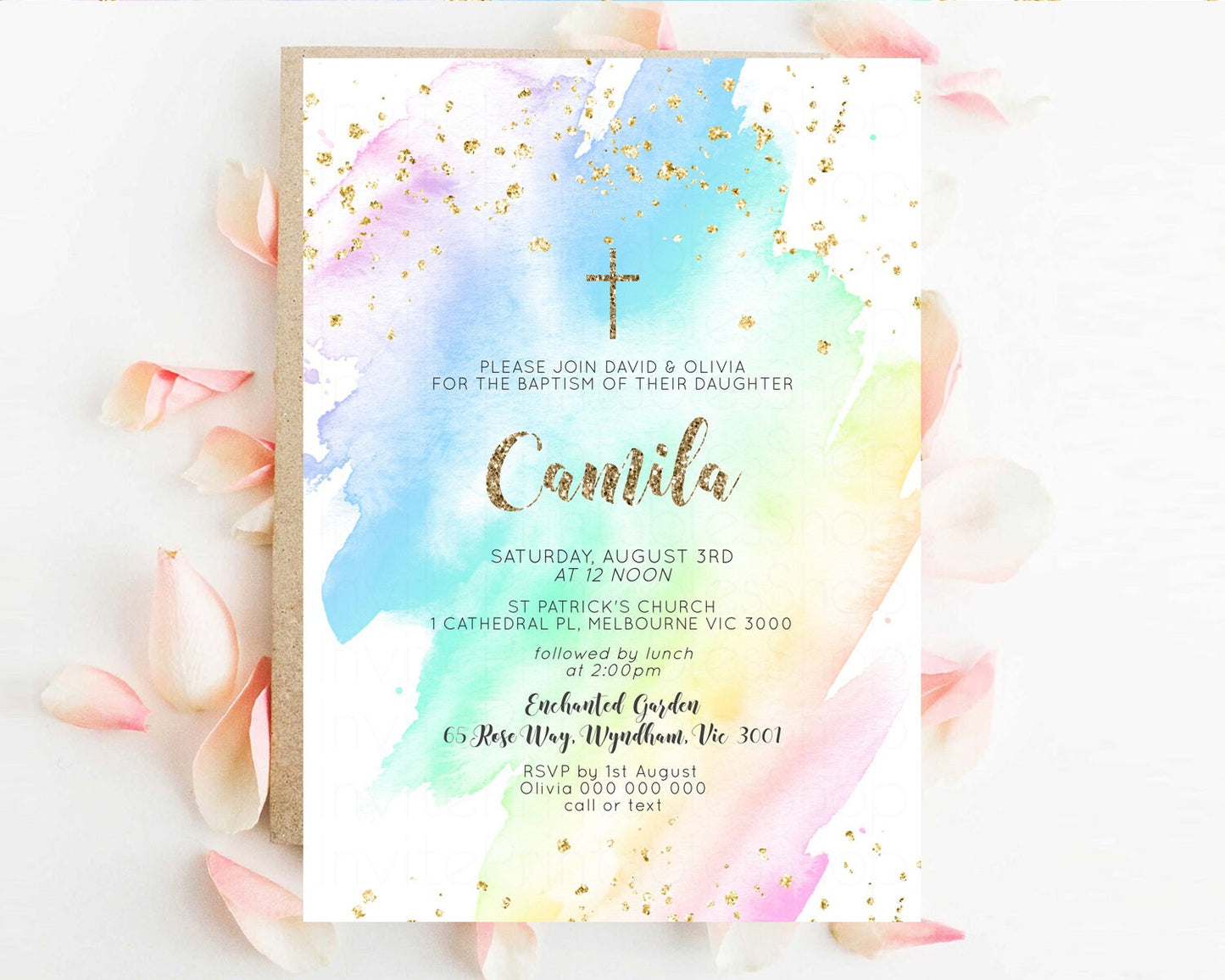 Rainbow Baptism Invitation Pastel Christening Invitation Holy Communion Invitation Glitter Watercolor Splash Invitation Colorful Invite g601