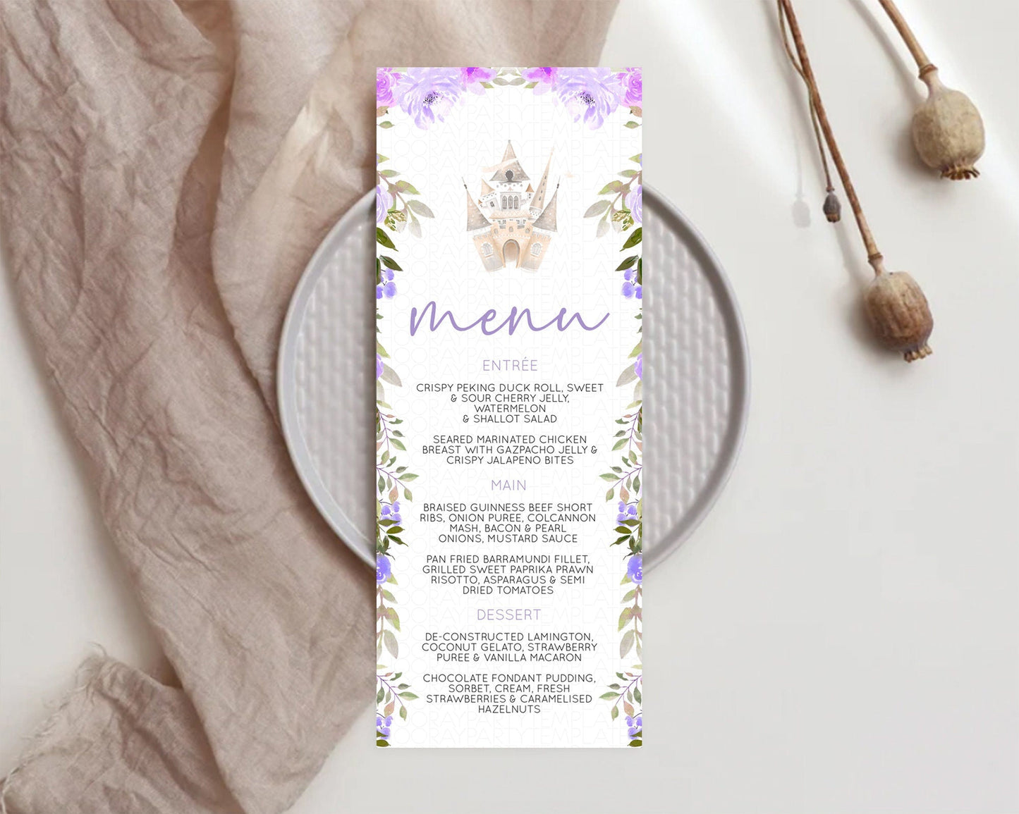 Princess Menu Castle Menu Template Secret Garden Table Decor Enchanted Castle Pastel Floral Dinner Dessert Menu Princess Food Menu D10339
