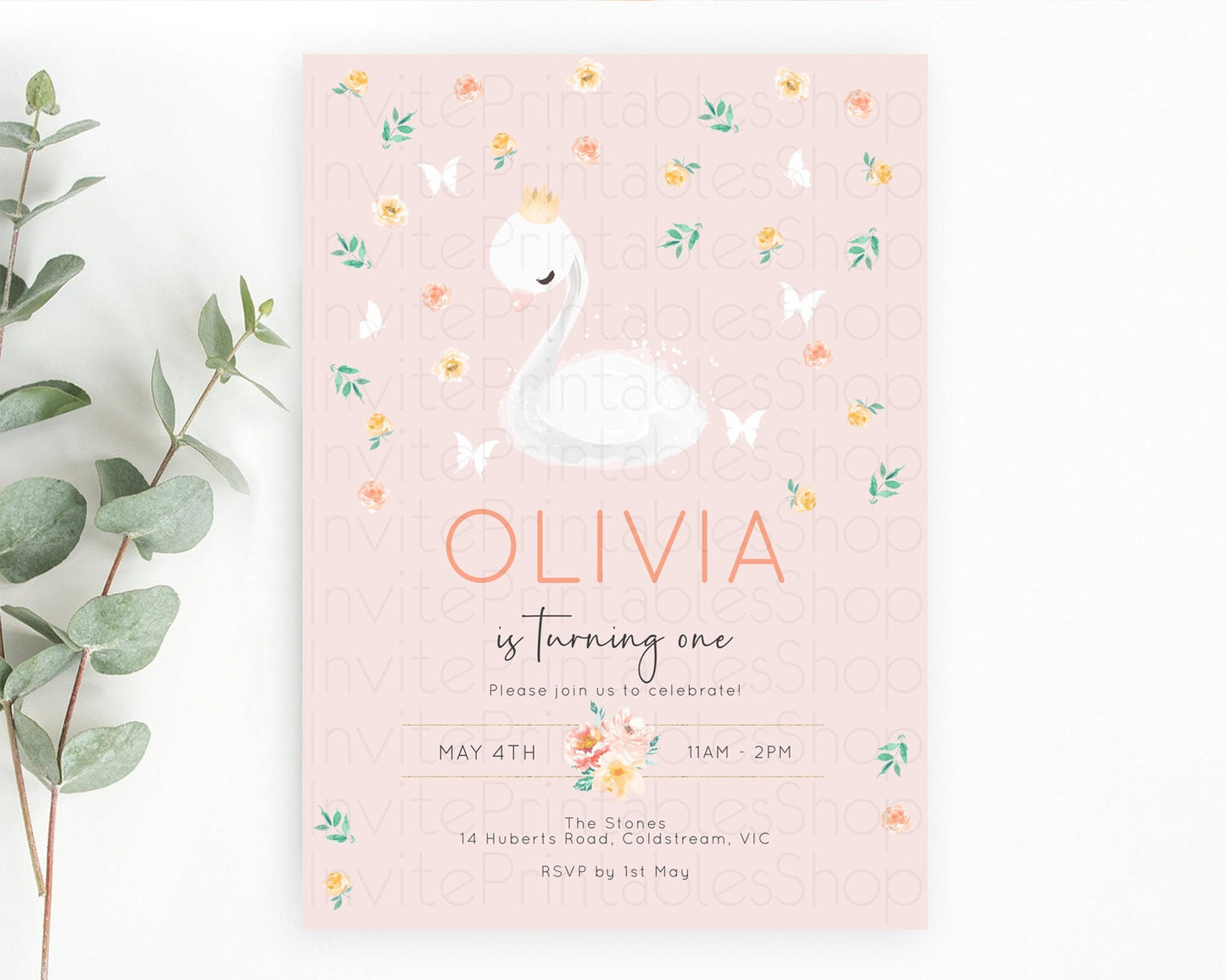 Swan Birthday Invitation Swan Princess Ballet Invitation Enchanted Forest Swan Lake Party Secret Garden Watercolour Pastel Floral D10388