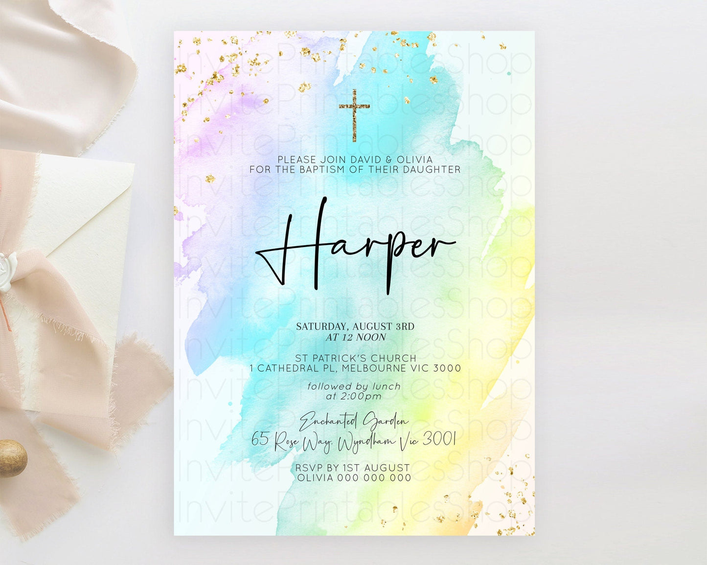 Pastel Baptism Invitation Pastel Colors Watercolor Baptism 1st Birthday Party Gold Ombre Pastel Rainbow Christening Holy Communion D10171