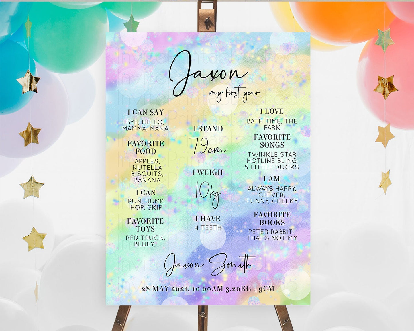Pastel First Birthday Milestone Board Pastel Rainbow Milestone Poster Colorful Confetti Watercolor Glitter 1st Birthday Welcome Sign D10689