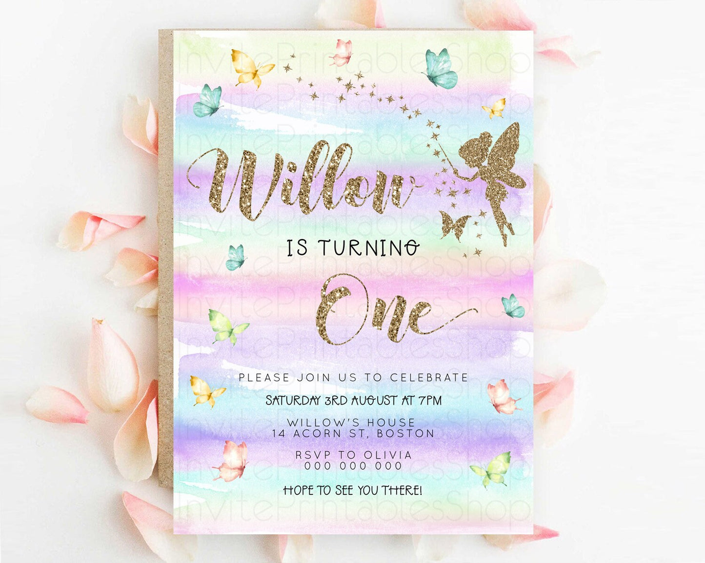 Pastel Fairy Birthday Invitation Pastel Butterflies Fairy Birthday Invitation Rainbow Ombre Watercolor 1st 2nd Birthday Invitation D23310