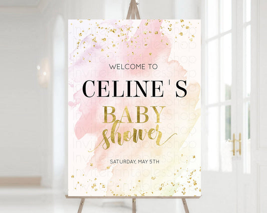 Editable Pink Baby Shower Welcome Sign Pink Watercolor Welcome Board Pastel
